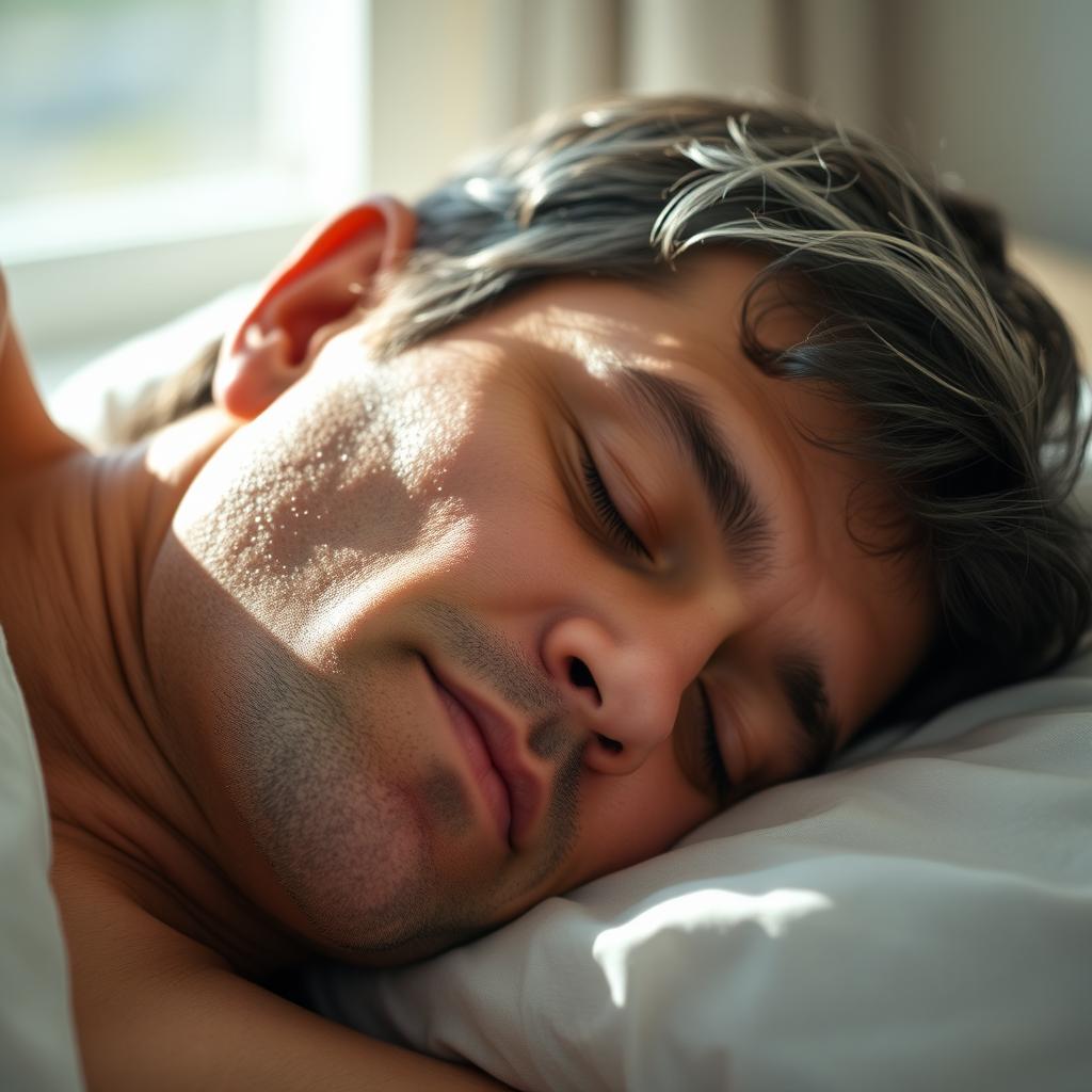 A serene portrait of a middle-aged man peacefully sleeping