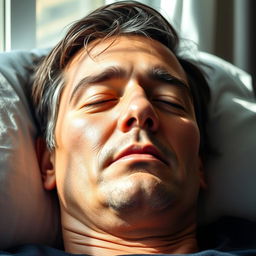 A serene portrait of a middle-aged man peacefully sleeping