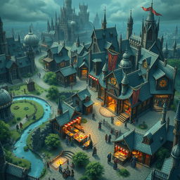 An intricately designed fantasy map of a city, prominently featuring a bustling market neighborhood