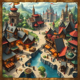 An intricately designed fantasy map of a city, prominently featuring a bustling market neighborhood