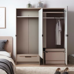 A compact, stylish bedroom TV unit specifically designed for a small room, partnered with a fashionable wardrobe for clothes storage, with a design that optimises space usage.