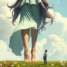 A beautiful giant girl standing tall, wearing a flowing dress that accentuates her curves, with long flowing hair cascading down her back