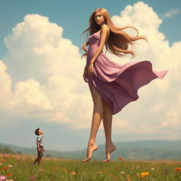A beautiful giant girl standing tall, wearing a flowing dress that accentuates her curves, with long flowing hair cascading down her back