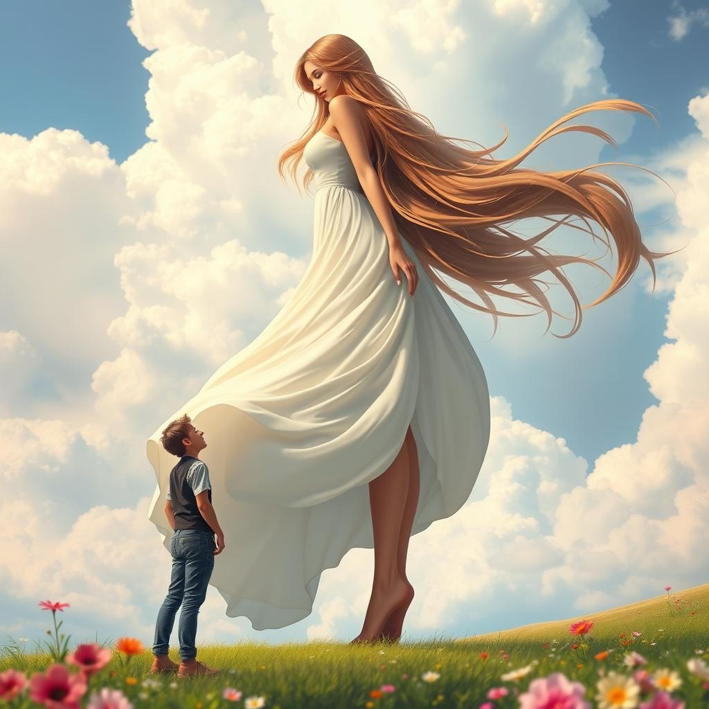 A beautiful giant girl standing tall, wearing a flowing dress that accentuates her curves, with long flowing hair cascading down her back