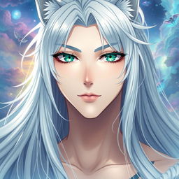 An anime guy with long, flowing wolfie silver-platinum hair, deep green ocean eyes that sparkle with a hint of mystery, long elegant eyelashes framing his stunning gaze, pinkish, soft lips that give a gentle expression, and rosy pale skin that complements his ethereal look