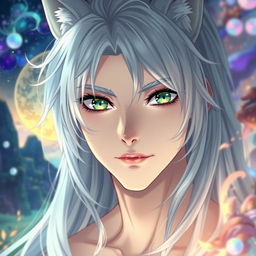An anime guy with long, flowing wolfie silver-platinum hair, deep green ocean eyes that sparkle with a hint of mystery, long elegant eyelashes framing his stunning gaze, pinkish, soft lips that give a gentle expression, and rosy pale skin that complements his ethereal look