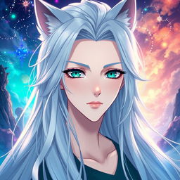 An anime guy with long, flowing wolfie silver-platinum hair, deep green ocean eyes that sparkle with a hint of mystery, long elegant eyelashes framing his stunning gaze, pinkish, soft lips that give a gentle expression, and rosy pale skin that complements his ethereal look