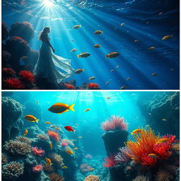 Combine two photos of a captivating, ethereal underwater scene featuring glowing coral reefs and mystical marine creatures swimming among vibrant fish