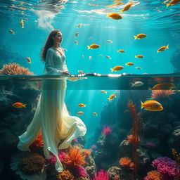 Combine two photos of a captivating, ethereal underwater scene featuring glowing coral reefs and mystical marine creatures swimming among vibrant fish