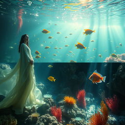 Combine two photos of a captivating, ethereal underwater scene featuring glowing coral reefs and mystical marine creatures swimming among vibrant fish