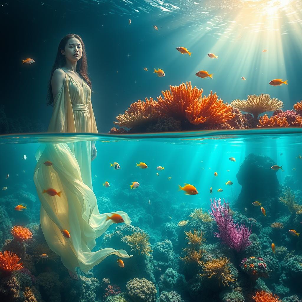Combine two photos of a captivating, ethereal underwater scene featuring glowing coral reefs and mystical marine creatures swimming among vibrant fish