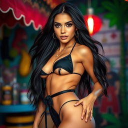 A stunning 20-year-old Colombian woman with striking features, wearing very short and provocative clothing that accentuates her physique