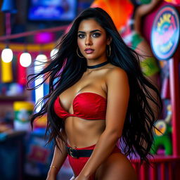 A stunning 20-year-old Colombian woman with striking features, wearing very short and provocative clothing that accentuates her physique