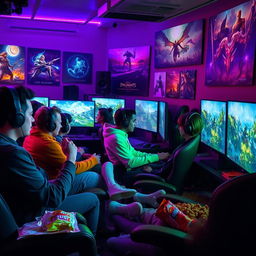 A vibrant and dynamic gaming scene featuring a diverse group of gamers intensely focused on their screens