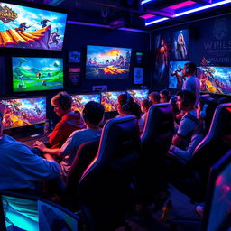 A vibrant and dynamic gaming scene featuring a diverse group of gamers intensely focused on their screens