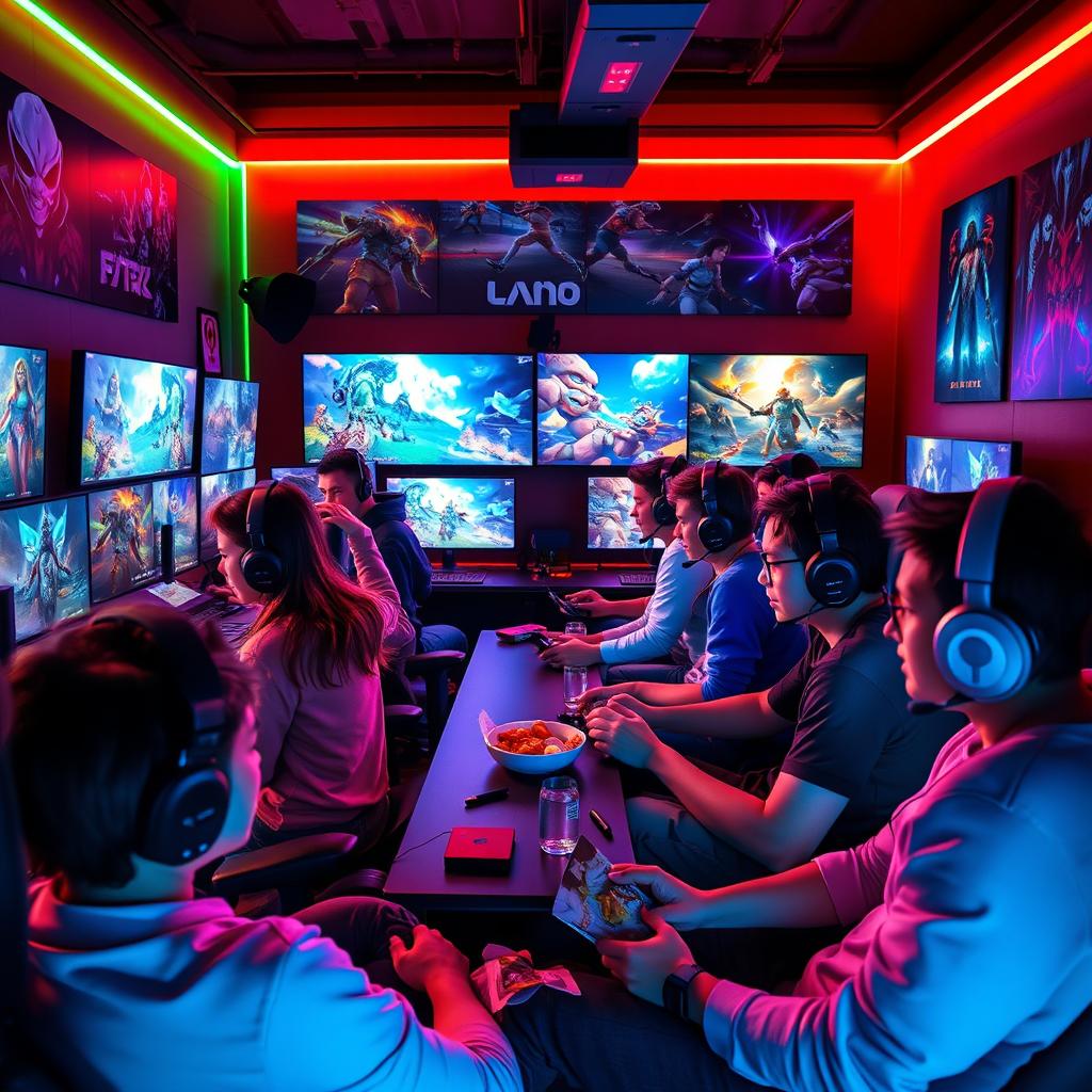 A vibrant and dynamic gaming scene featuring a diverse group of gamers intensely focused on their screens