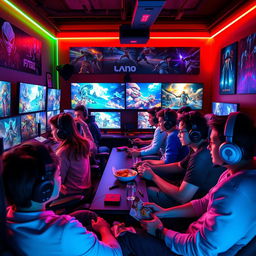 A vibrant and dynamic gaming scene featuring a diverse group of gamers intensely focused on their screens