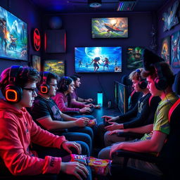 A vibrant and dynamic gaming scene featuring a diverse group of gamers intensely focused on their screens