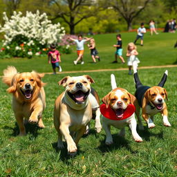 A delightful scene of several playful dogs of different breeds, including a golden retriever, a bulldog, and a beagle, enjoying a sunny day at a park