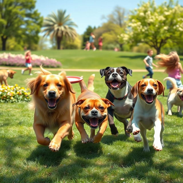 A delightful scene of several playful dogs of different breeds, including a golden retriever, a bulldog, and a beagle, enjoying a sunny day at a park