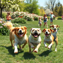 A delightful scene of several playful dogs of different breeds, including a golden retriever, a bulldog, and a beagle, enjoying a sunny day at a park