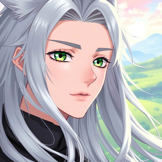 An anime-style illustration of a handsome young man with long, wolf-cut silver-platinum hair that flows elegantly