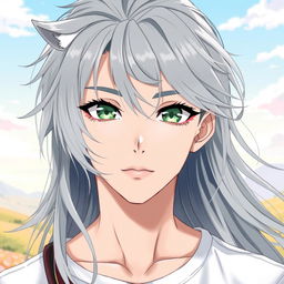 An anime-style illustration of a handsome young man with long, wolf-cut silver-platinum hair that flows elegantly
