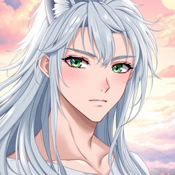 An anime-style illustration of a handsome young man with long, wolf-cut silver-platinum hair that flows elegantly