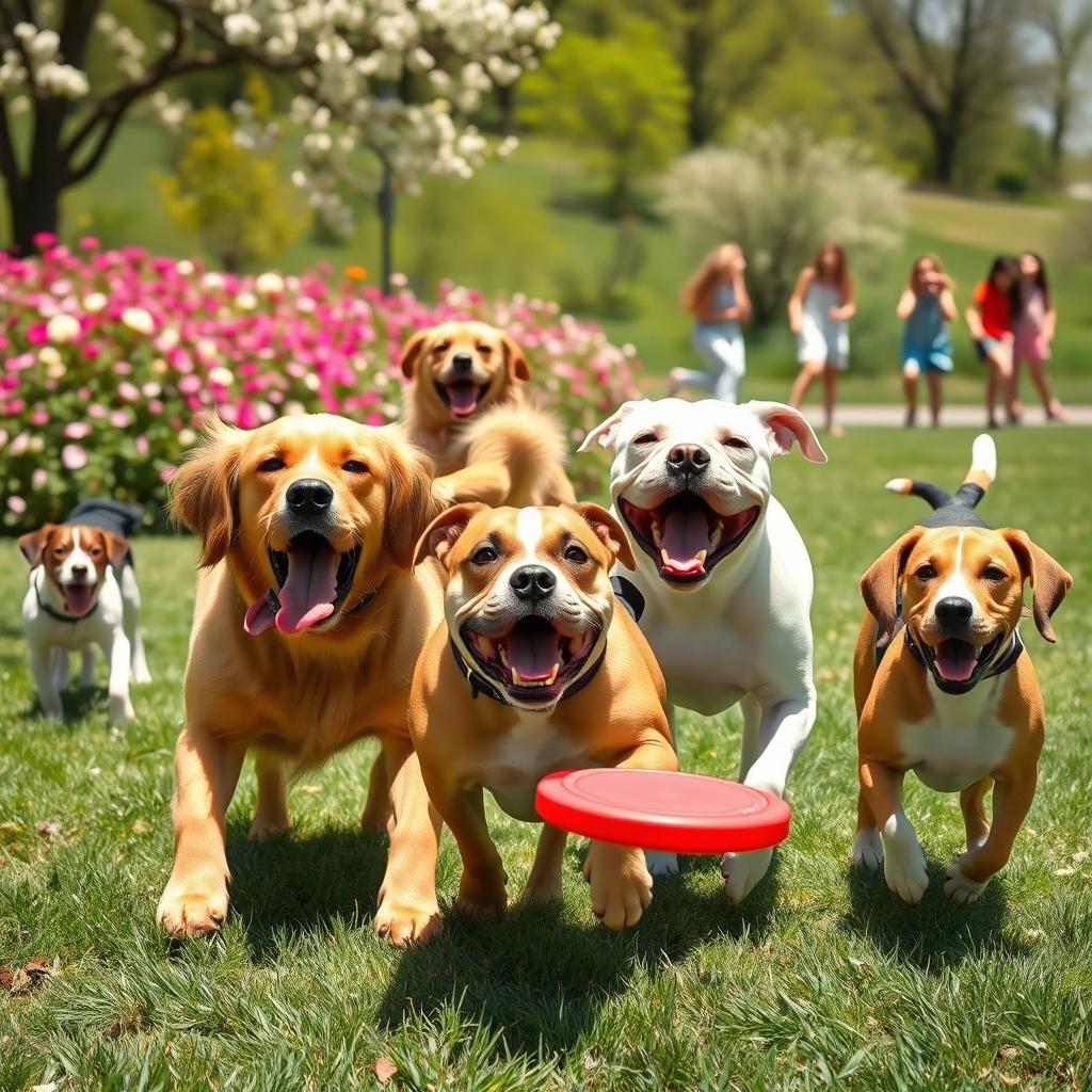 A delightful scene of several playful dogs of different breeds, including a golden retriever, a bulldog, and a beagle, enjoying a sunny day at a park