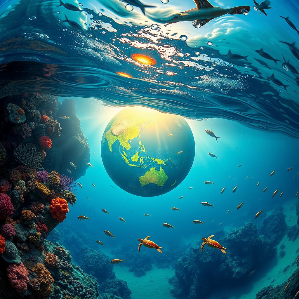 A stunning underwater scene showcasing the Earth beneath the ocean surface, featuring vibrant coral reefs teeming with colorful fish, sunlight filtering through the water creating a serene atmosphere, with various marine life such as sea turtles and schools of fish swimming gracefully