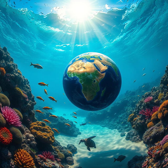 A stunning underwater scene showcasing the Earth beneath the ocean surface, featuring vibrant coral reefs teeming with colorful fish, sunlight filtering through the water creating a serene atmosphere, with various marine life such as sea turtles and schools of fish swimming gracefully