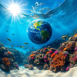 A stunning underwater scene showcasing the Earth beneath the ocean surface, featuring vibrant coral reefs teeming with colorful fish, sunlight filtering through the water creating a serene atmosphere, with various marine life such as sea turtles and schools of fish swimming gracefully