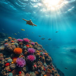 A stunning underwater scene showcasing the Earth beneath the ocean surface, featuring vibrant coral reefs teeming with colorful fish, sunlight filtering through the water creating a serene atmosphere, with various marine life such as sea turtles and schools of fish swimming gracefully
