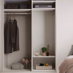 A compact, stylish bedroom TV unit specifically designed for a small room, partnered with a fashionable wardrobe for clothes storage, with a design that optimises space usage.