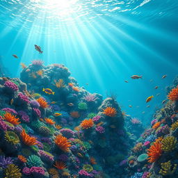 An enchanting underwater landscape depicting Earth beneath the ocean, inspired by the artistic style of Hirankashya
