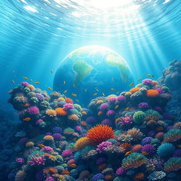 An enchanting underwater landscape depicting Earth beneath the ocean, inspired by the artistic style of Hirankashya