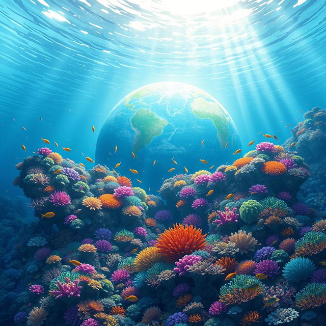 An enchanting underwater landscape depicting Earth beneath the ocean, inspired by the artistic style of Hirankashya