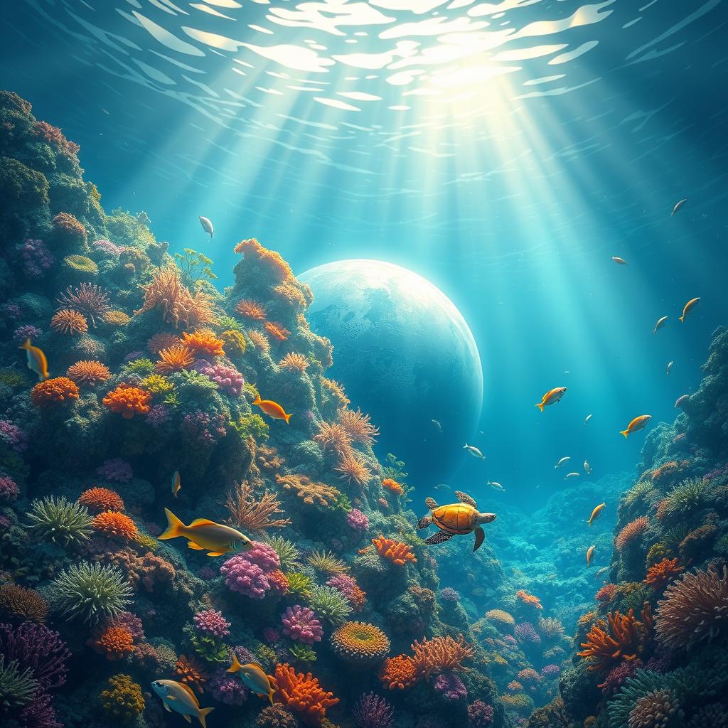 An enchanting underwater landscape depicting Earth beneath the ocean, inspired by the artistic style of Hirankashya