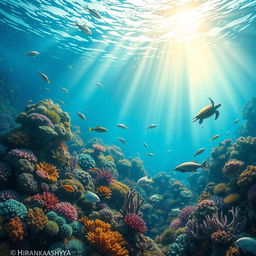 An enchanting underwater landscape depicting Earth beneath the ocean, inspired by the artistic style of Hirankashya