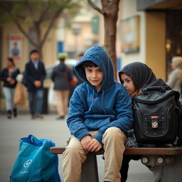 A young boy wearing a blue hoodie and beige pants sitting next to a girl on a street bench in Mashhad