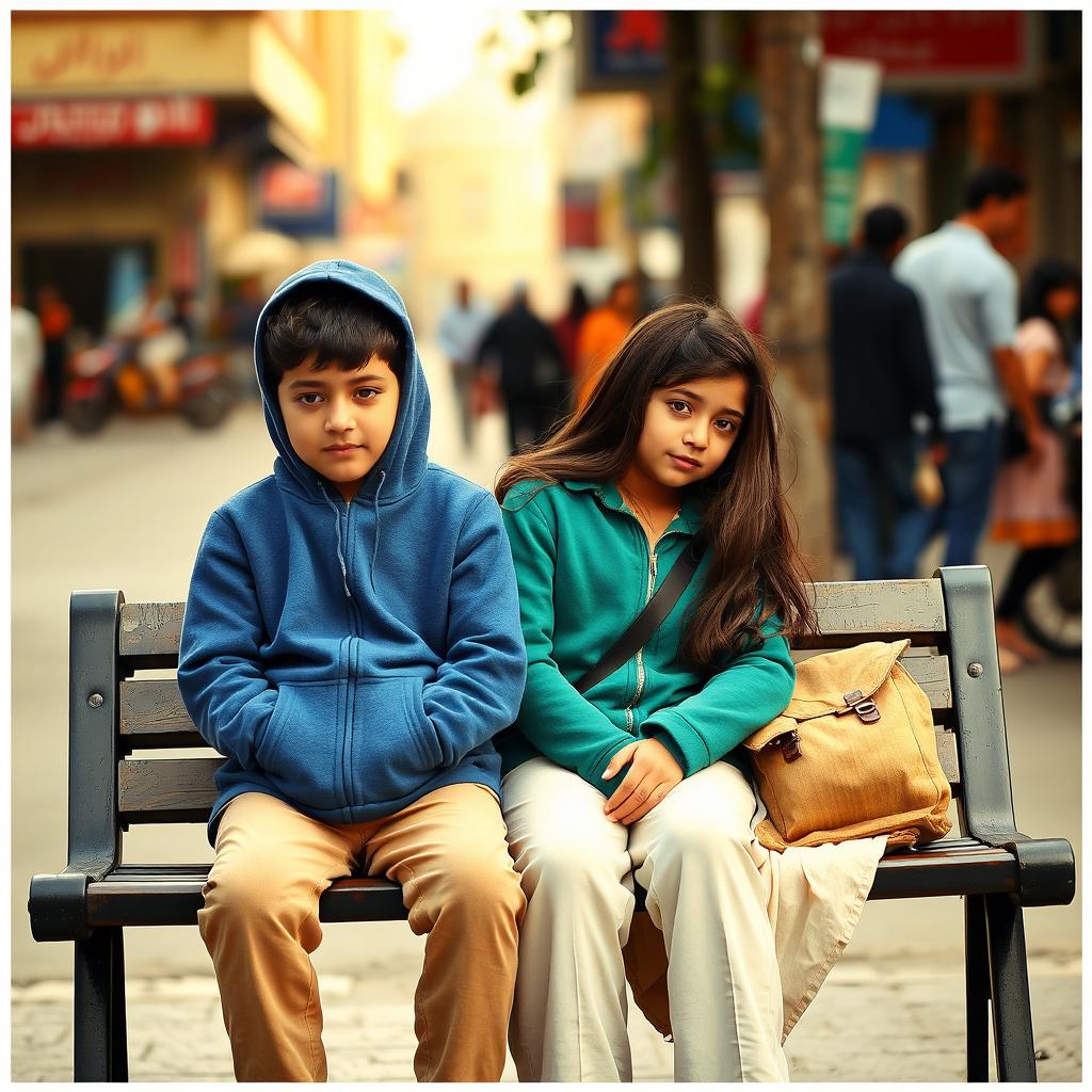 A young boy wearing a blue hoodie and beige pants sitting next to a girl on a street bench in Mashhad