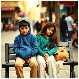 A young boy wearing a blue hoodie and beige pants sitting next to a girl on a street bench in Mashhad