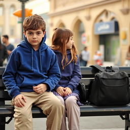 A young boy wearing a blue hoodie and beige pants sitting next to a girl on a street bench in Mashhad