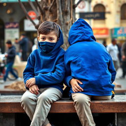 A young boy wearing a blue hoodie and beige pants sitting next to a girl on a street bench in Mashhad