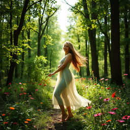 A beautiful woman standing gracefully in a lush green forest, surrounded by tall trees and vibrant wildflowers