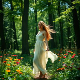 A beautiful woman standing gracefully in a lush green forest, surrounded by tall trees and vibrant wildflowers