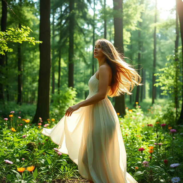 A beautiful woman standing gracefully in a lush green forest, surrounded by tall trees and vibrant wildflowers