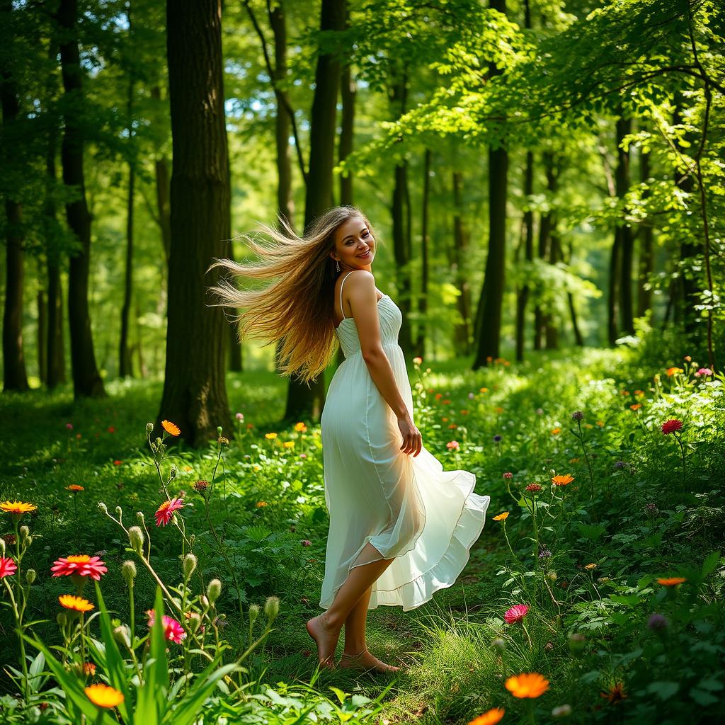 A beautiful woman standing gracefully in a lush green forest, surrounded by tall trees and vibrant wildflowers