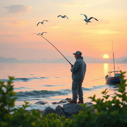 A serene landscape depicting a fisherman standing on a rocky shore at sunrise, casting his fishing line into calm waters