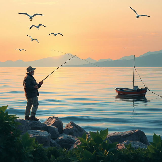 A serene landscape depicting a fisherman standing on a rocky shore at sunrise, casting his fishing line into calm waters